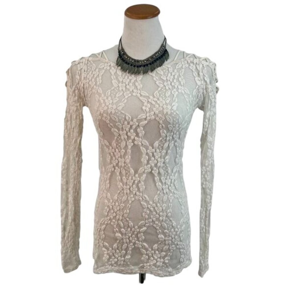 Free People White Sheer Lace Lace Up Shoulder Top XS | Balletcore Coquette Siren - Picture 3 of 11